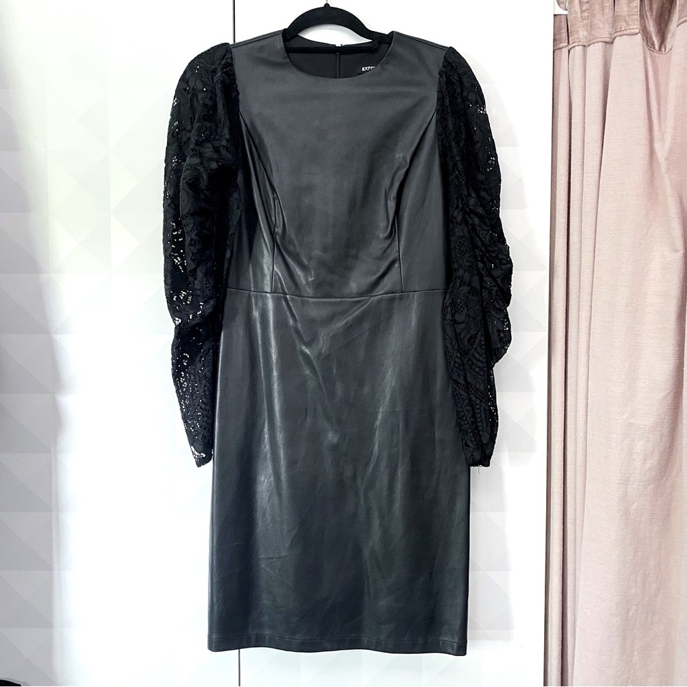 Express Vegan Leather Mini Dress w/ Lace Puff Sleeves Sz M